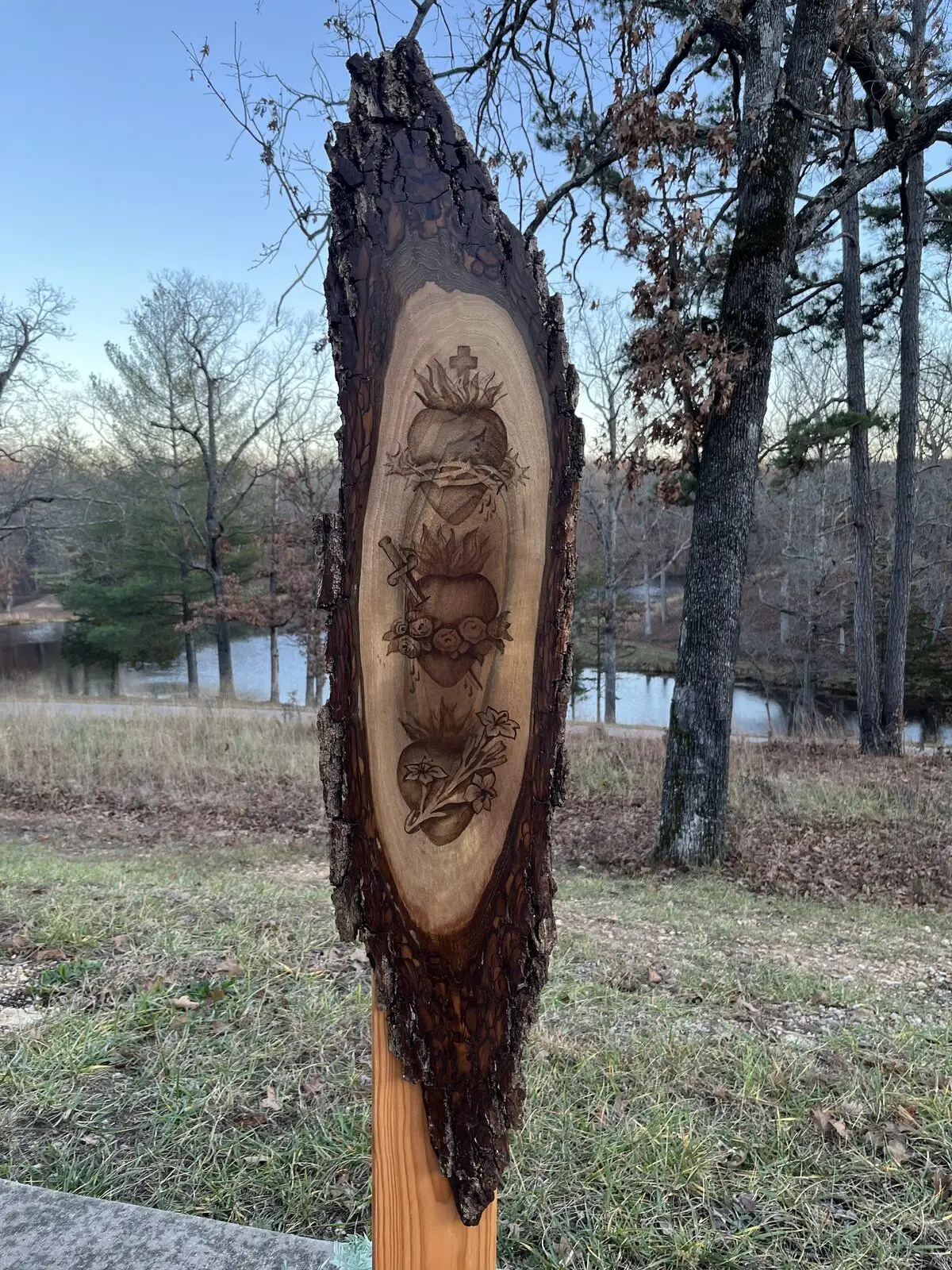 The Sacred Hearts stained into a live-edge slab